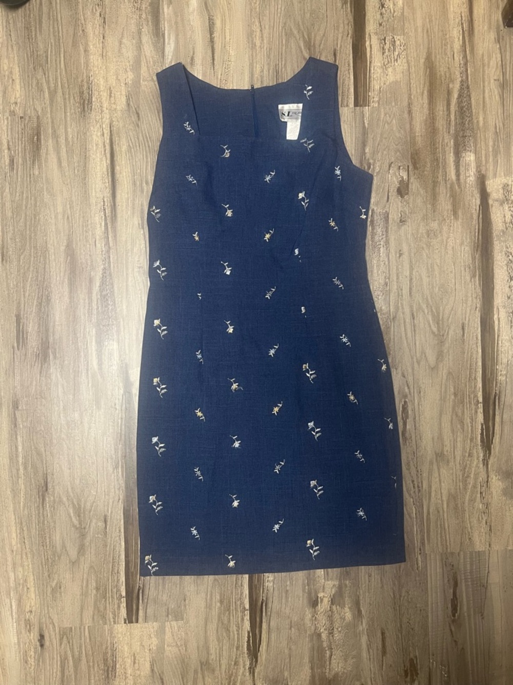 Vintage S.L. Fashions Navy Mini Sheath Dress with White Floral Embroidery